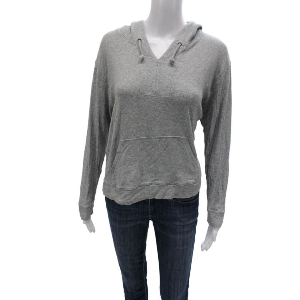 Skin Women Pullover Hoodies Gray V-Neck Drawstring Long Sleeve Size 2